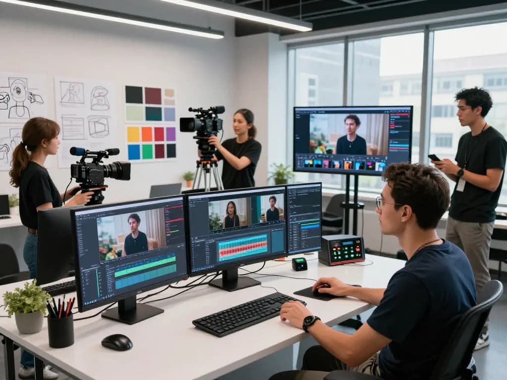 Filmmakers collaborating on Seedance 2.0 AI video production in a modern studio.