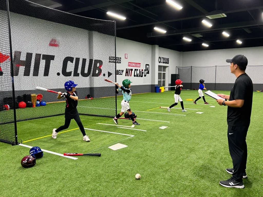 Young athletes training at Hit Club batting cages focusing on skill development.