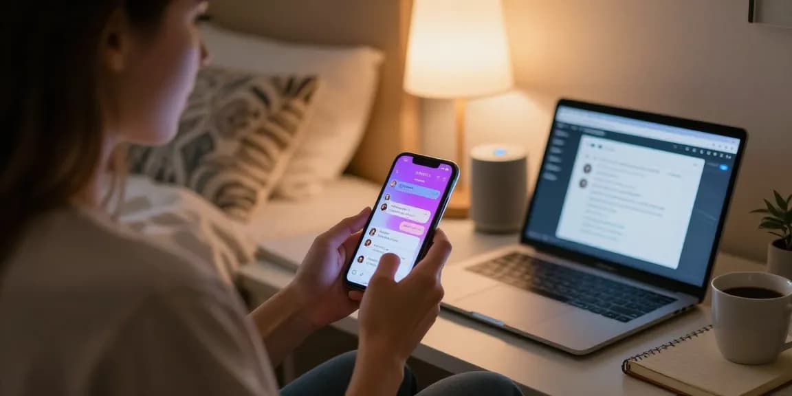 Cozy bedroom scene with individual using a smartphone for sex chat ai in a warm atmosphere.