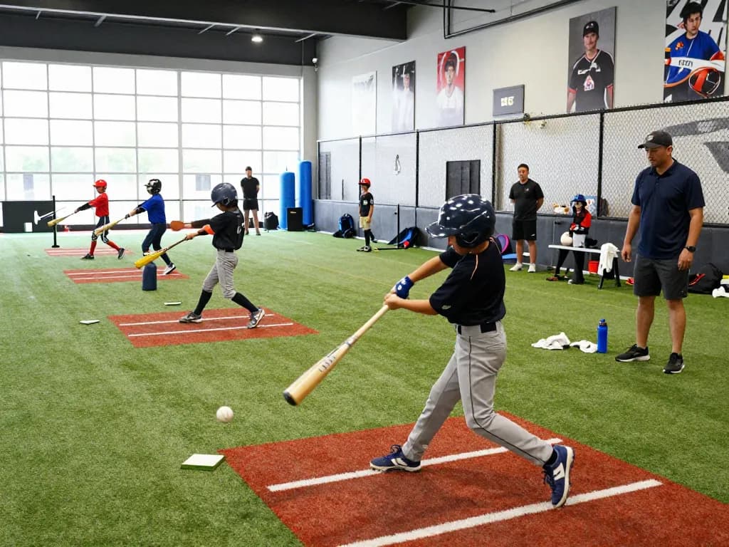 Youth athletes training at Hitclub baseball facility, practicing hitting techniques with coaches guiding them.