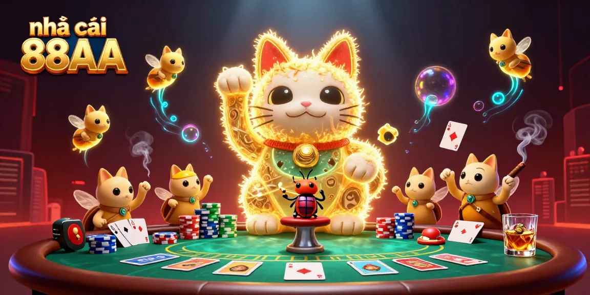 Engage with the lively scene at nhà cái 88AA featuring a giant lucky cat and vibrant poker elements, celebrating the casino experience.