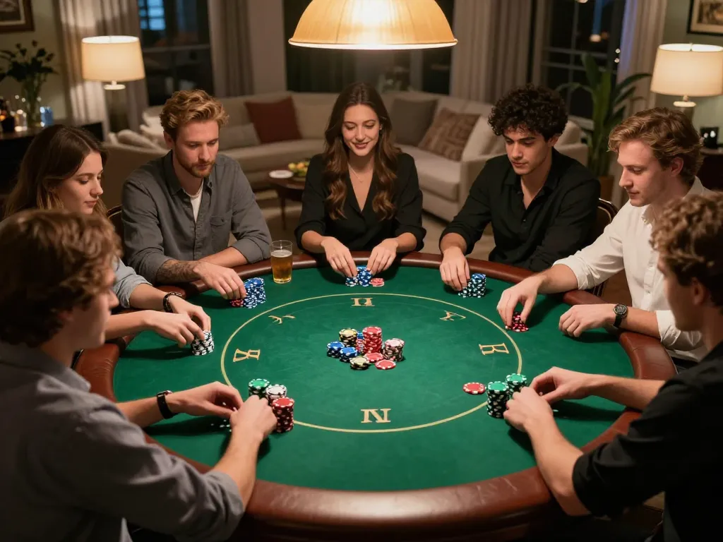 Players enjoying a strategic poker game with sunwin-themed chips in a cozy home environment