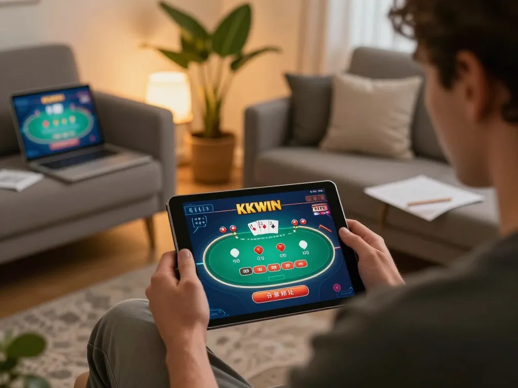 Player enjoying poker at home on KKWIN tablet, with strategic notes and cozy lighting.