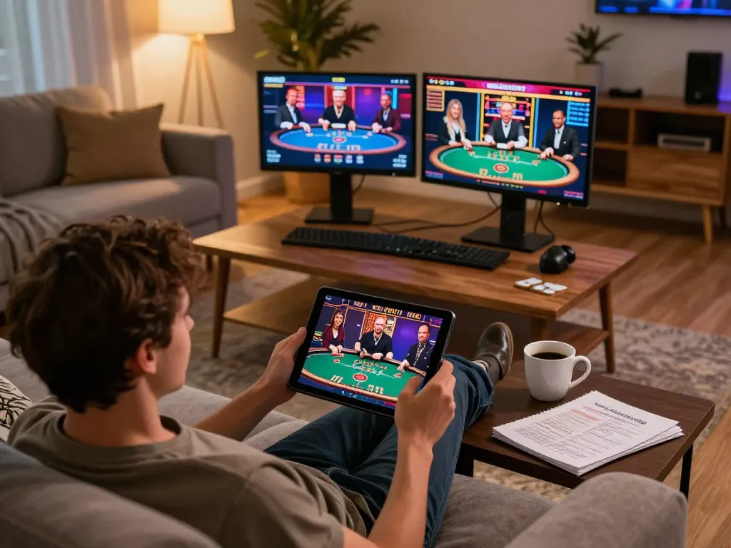 Engaging in online gaming via https://lc88.jpn.com/, a player analyzes strategies while enjoying a live casino experience at home.