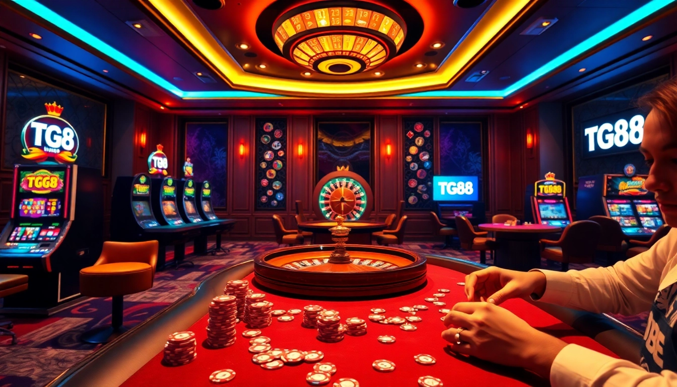 Engaging scene with players at TG88 casino featuring vibrant tables and slot machines.