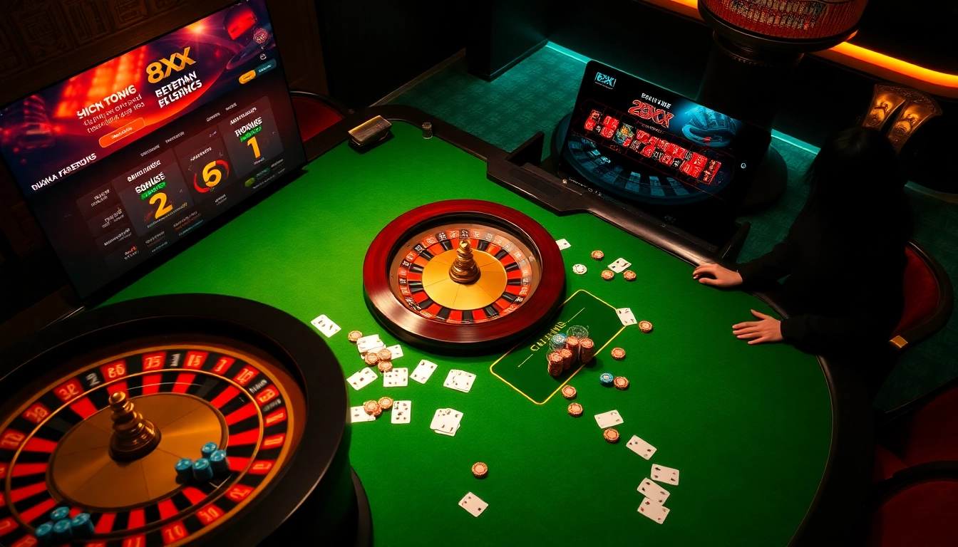 Gamblers engaging with the impressive gaming features of nhà cái 8XX, showcasing a vibrant casino experience.