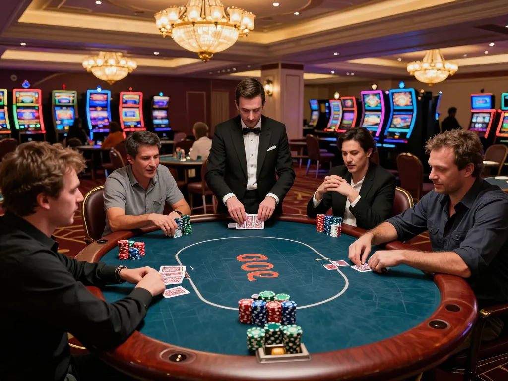 Players strategizing their hands at a high-stakes poker game in 68win casino.