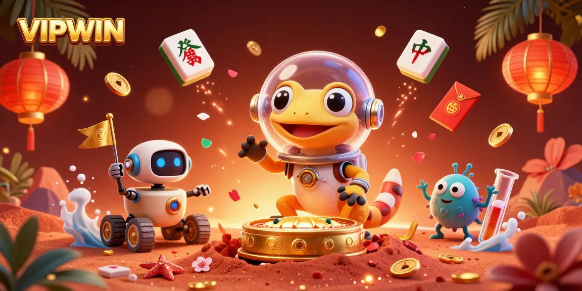 Engage with VIPWIN's golden casino adventure as a Martian gecko discovers treasures amidst cheers.