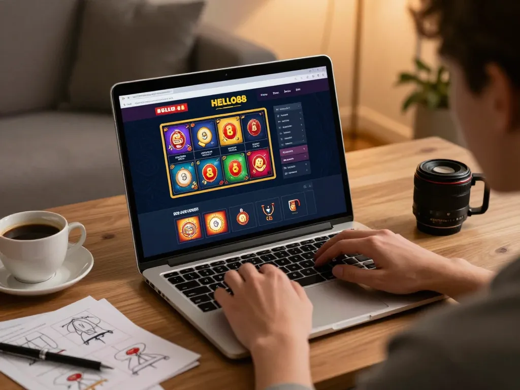 Engaging in HELLO88 online casino strategy at home while reviewing betting notes.