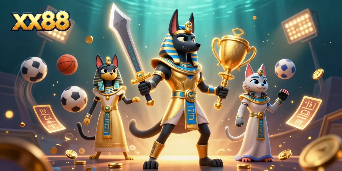 Engage with dynamic sports betting elements featuring xx88, including balls, trophy, and glowing hieroglyphs.