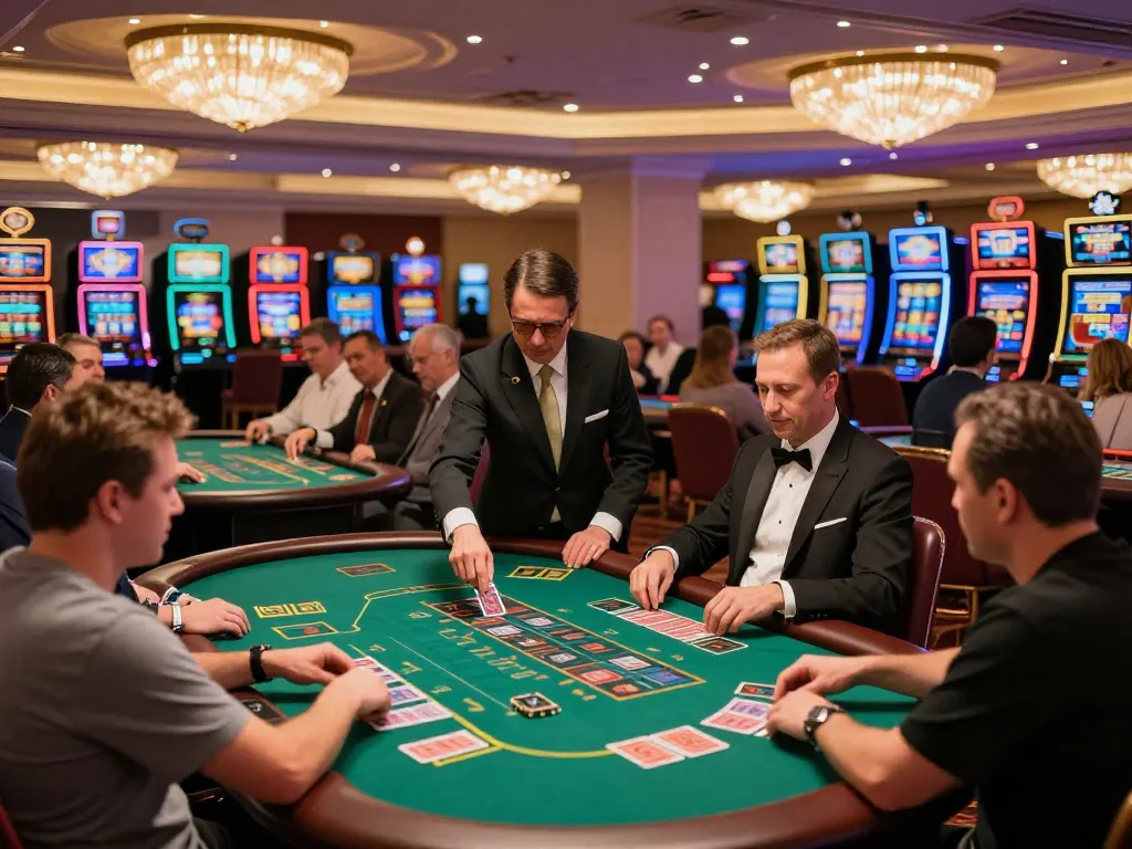 Players enjoy engaging card games at Thabet's upscale casino, highlighted by vibrant atmosphere and exciting gameplay.