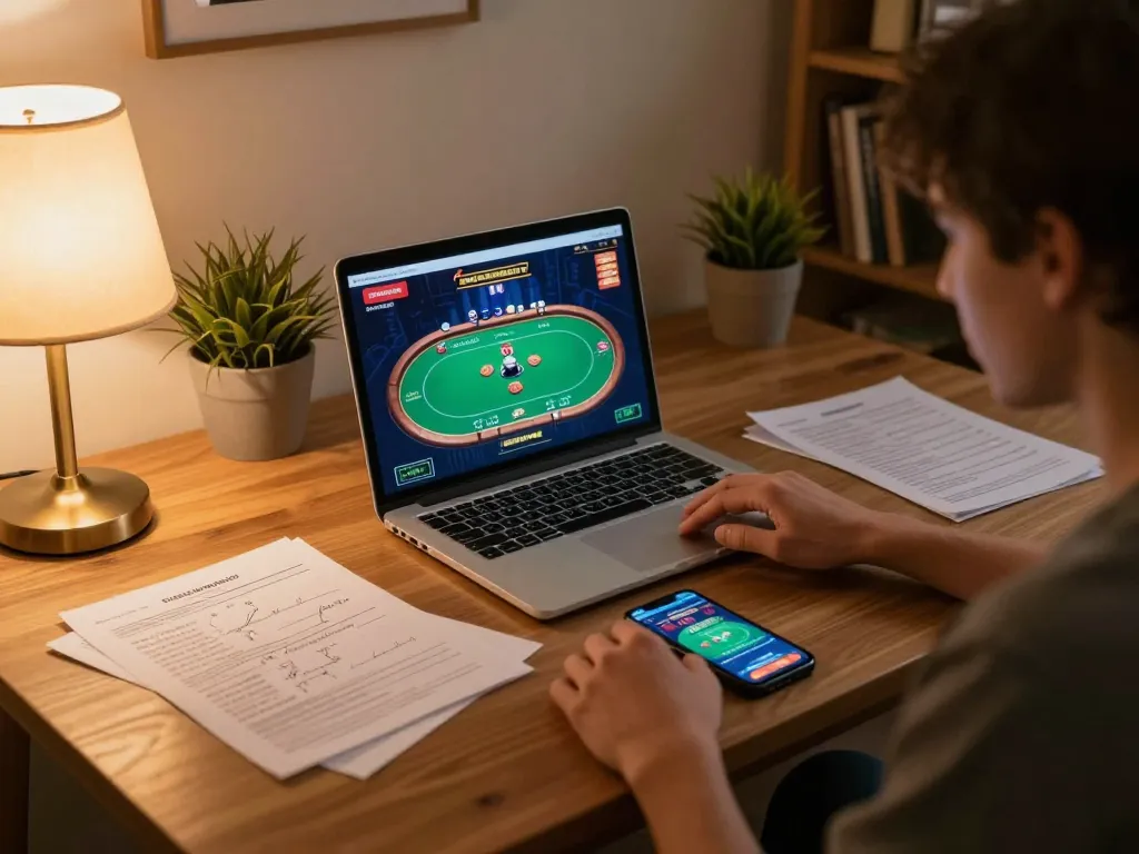 Engaged player using nhà cái 98win on laptop with betting strategy notes and casino app.