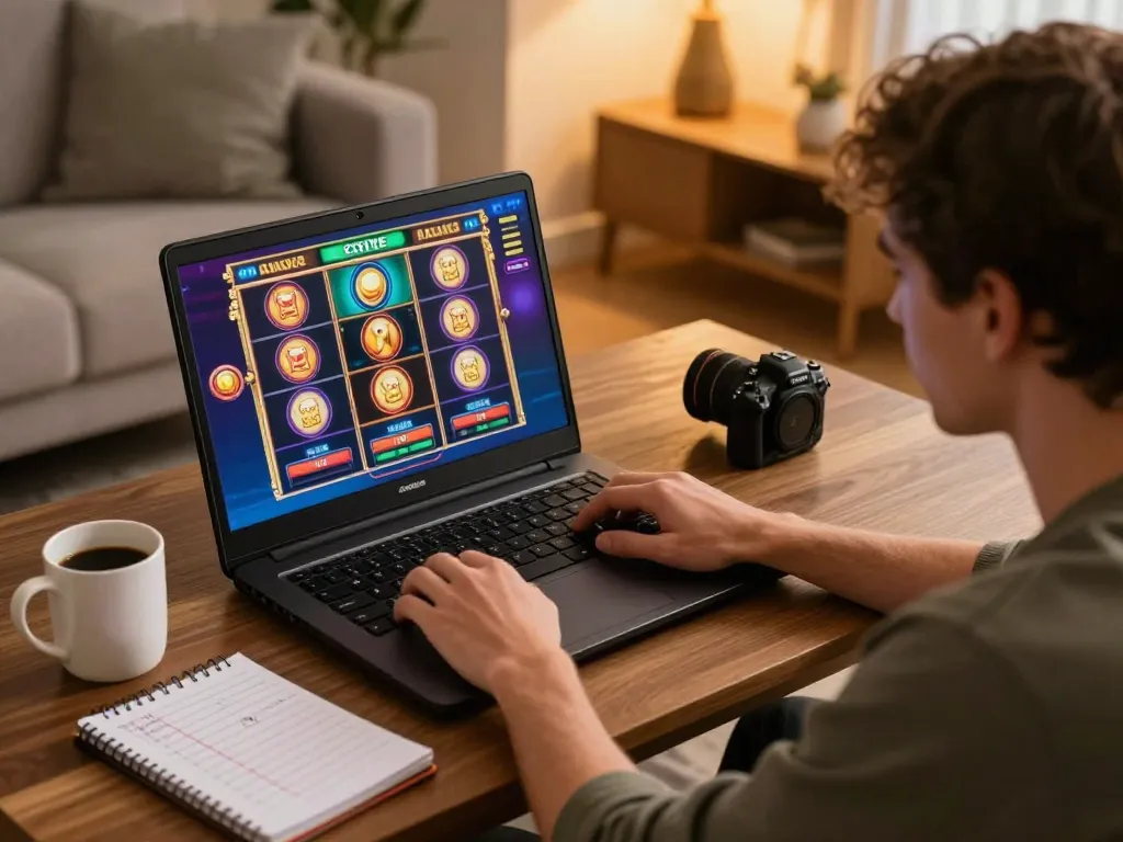 Player mastering cm88 online slots on a laptop amidst a cozy home environment.