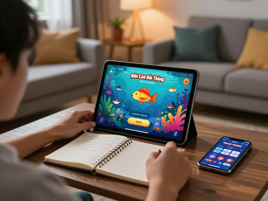 Bắn Cá Đổi Thưởng gameplay on a tablet in a cozy living room with warm lighting