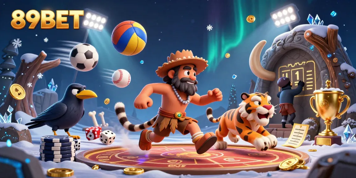 Experience thrilling action at 89BET with our dynamic prehistoric casino scene featuring sports and gambling elements.