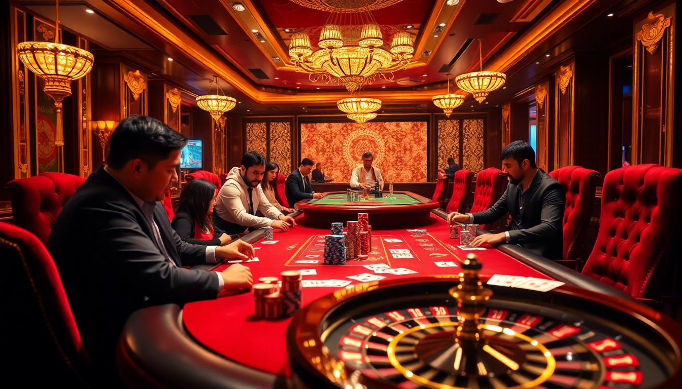 High-stakes poker action at Hay881 casino, featuring colorful chips, excited players, and vibrant decor.