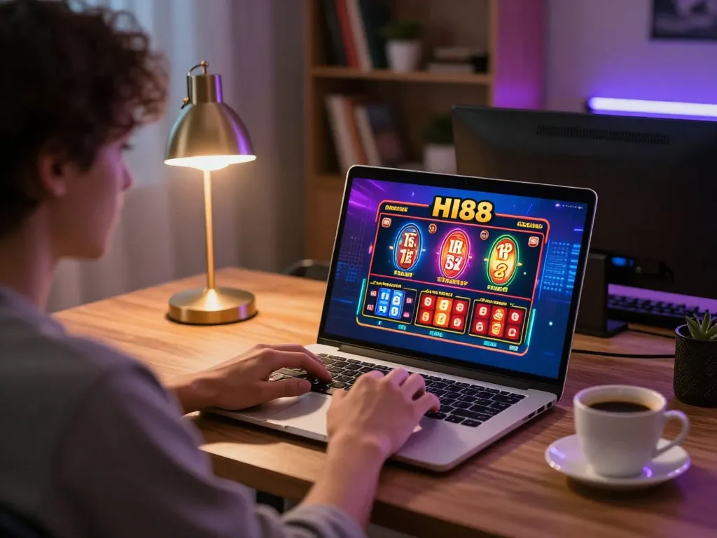 Player enjoying HI88's online casino games on a laptop in a cozy home setup
