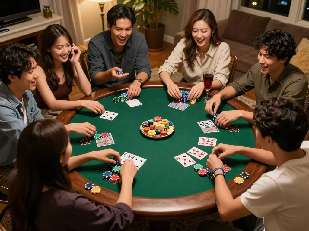 Friends engaging in strategic poker gameplay at home, showcasing the vibrant atmosphere around tylekeonhacai88.