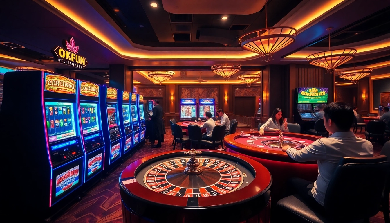 Experience exhilarating gameplay at OKFUN casino with vibrant slot machines and poker tables.