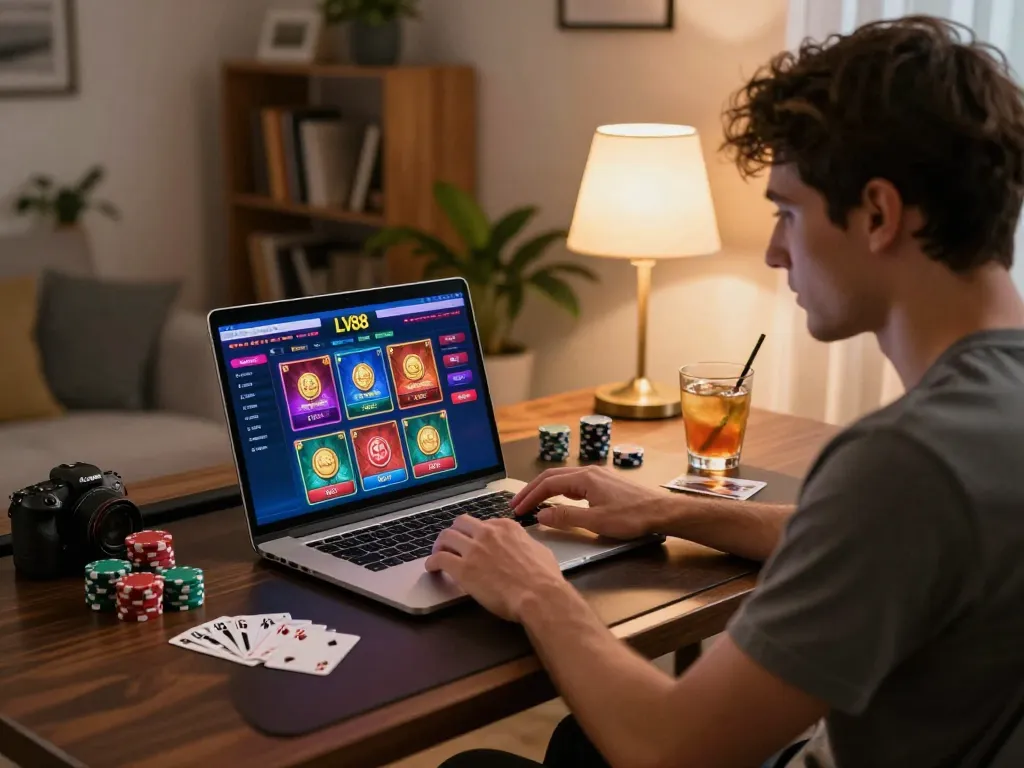 Player engaging with the LV88 online casino interface during a gaming session at home.