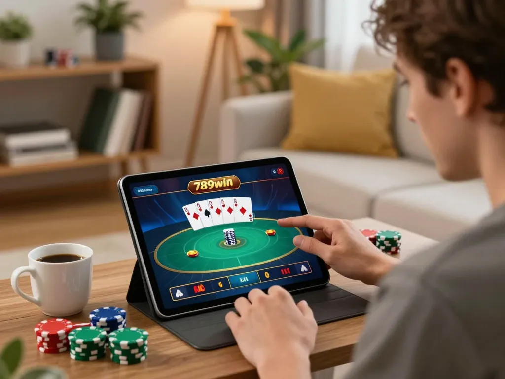 Player enjoying online poker on 789win tablet, showcasing strategic gameplay in a cozy environment