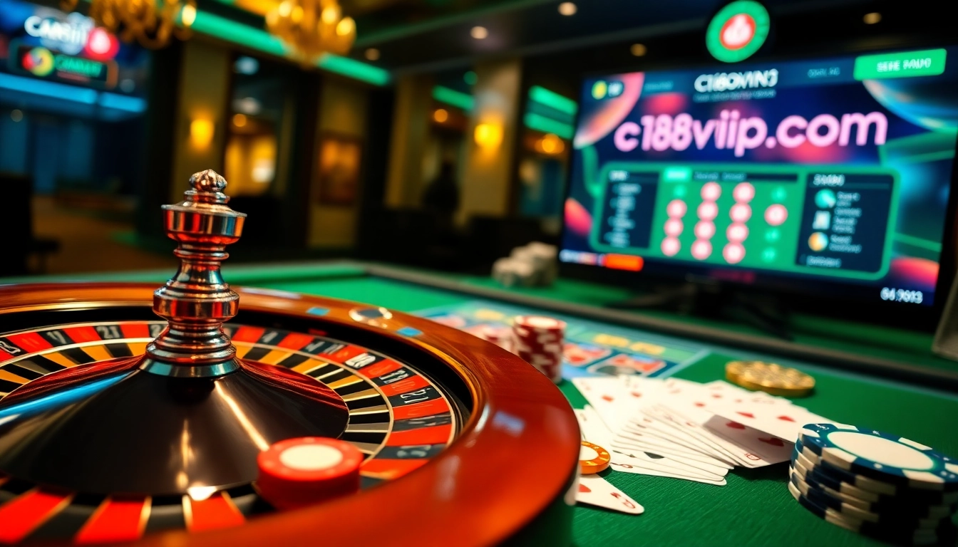 Experience the excitement of c168okvip1.com with vibrant casino visuals featuring roulette and poker elements.
