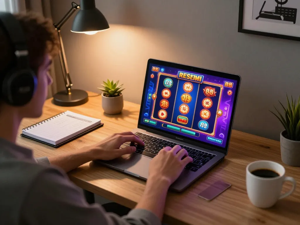 Engaging online gaming moment at home focusing on slot88 resmi gameplay and bankroll management.