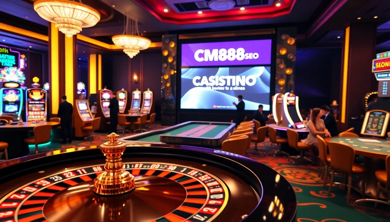 A vibrant casino scene featuring a roulette table and players enjoying gambling at https://cm88seo.com/ with colorful slot machines.
