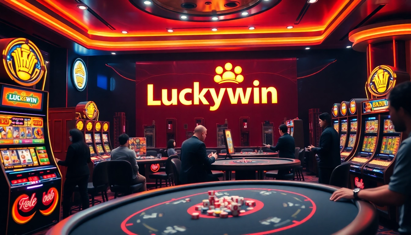 Luckywin logo shines in a vibrant casino scene with players at poker tables and slot machines.