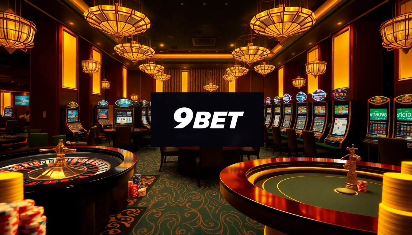 Experience the excitement of Trang chủ 9BET with luxury casino elements like poker chips and roulette wheels.