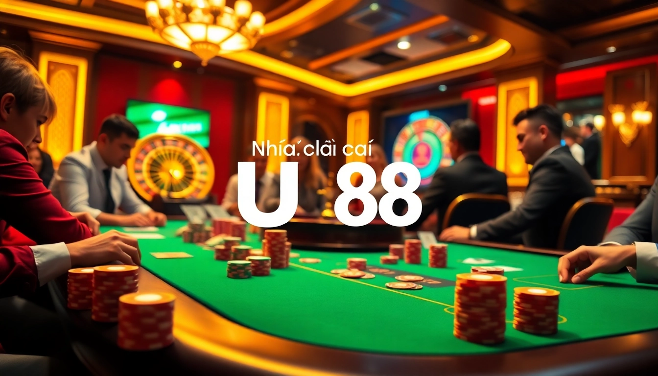 Engaging gambling scene showcasing Nhà cái U88 with poker chips and casino tables in a vibrant setting.