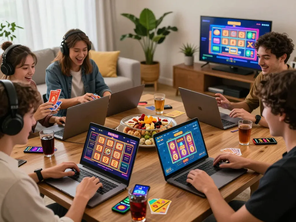 Engaging players enjoying online games while tải b52 club on their devices in a cozy home environment