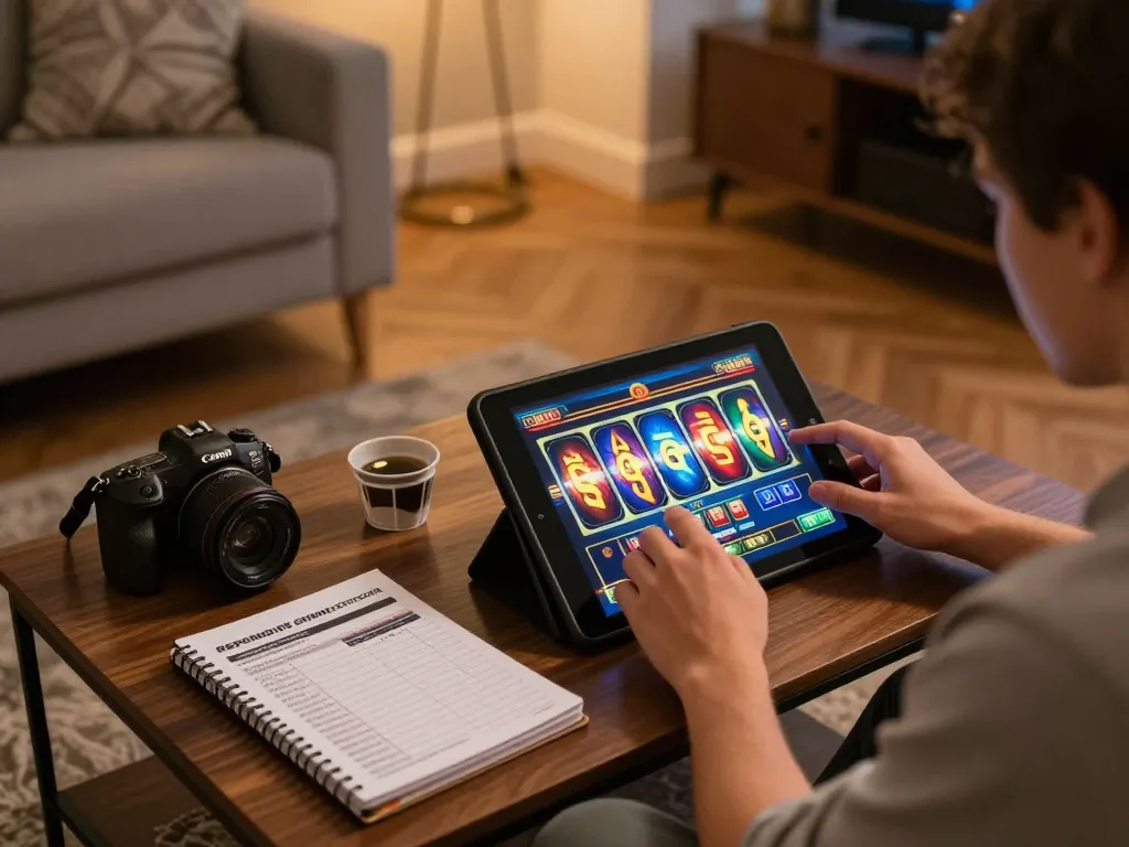 Person engaging with FC88 online slot game on a tablet in cozy home setting, emphasizing responsible gaming atmosphere.