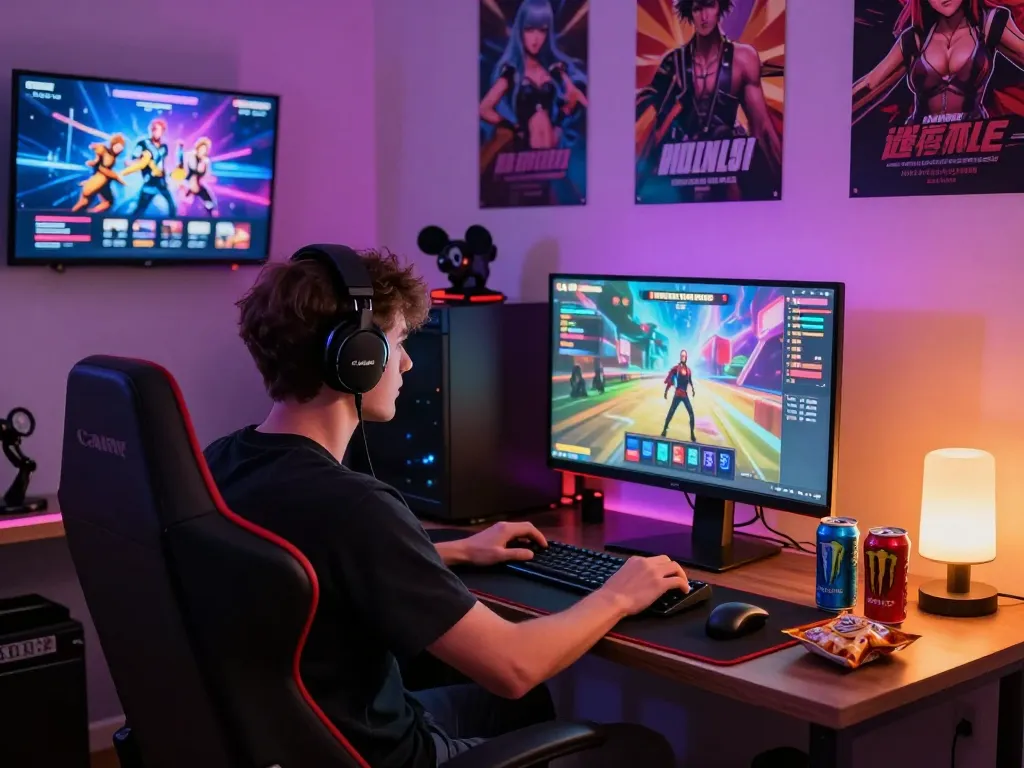 Immerse in porn games in a vibrant gaming room with dynamic lighting.