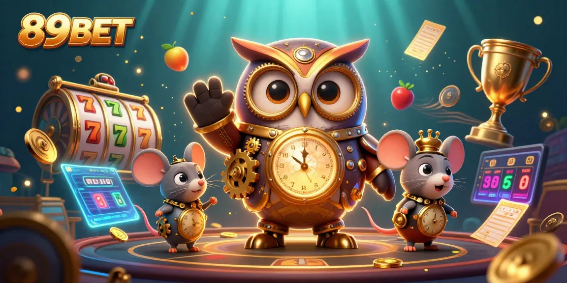 Engage with the vibrant world of 89BET featuring slot reels, golden trophies, and lively gaming elements.