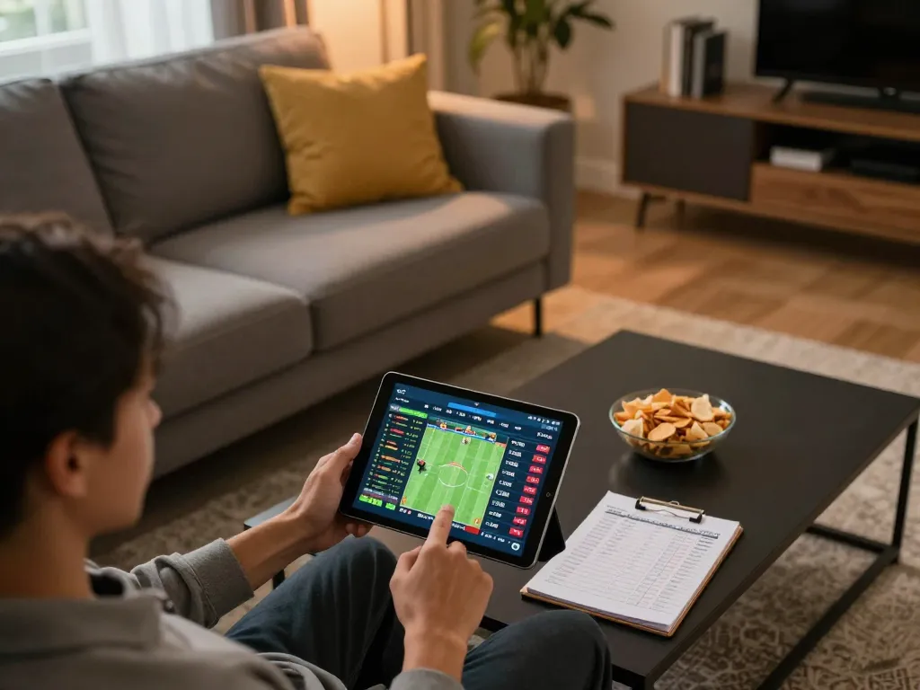 Engaged user placing bets on keonhacai5 through tablet in a cozy living room.