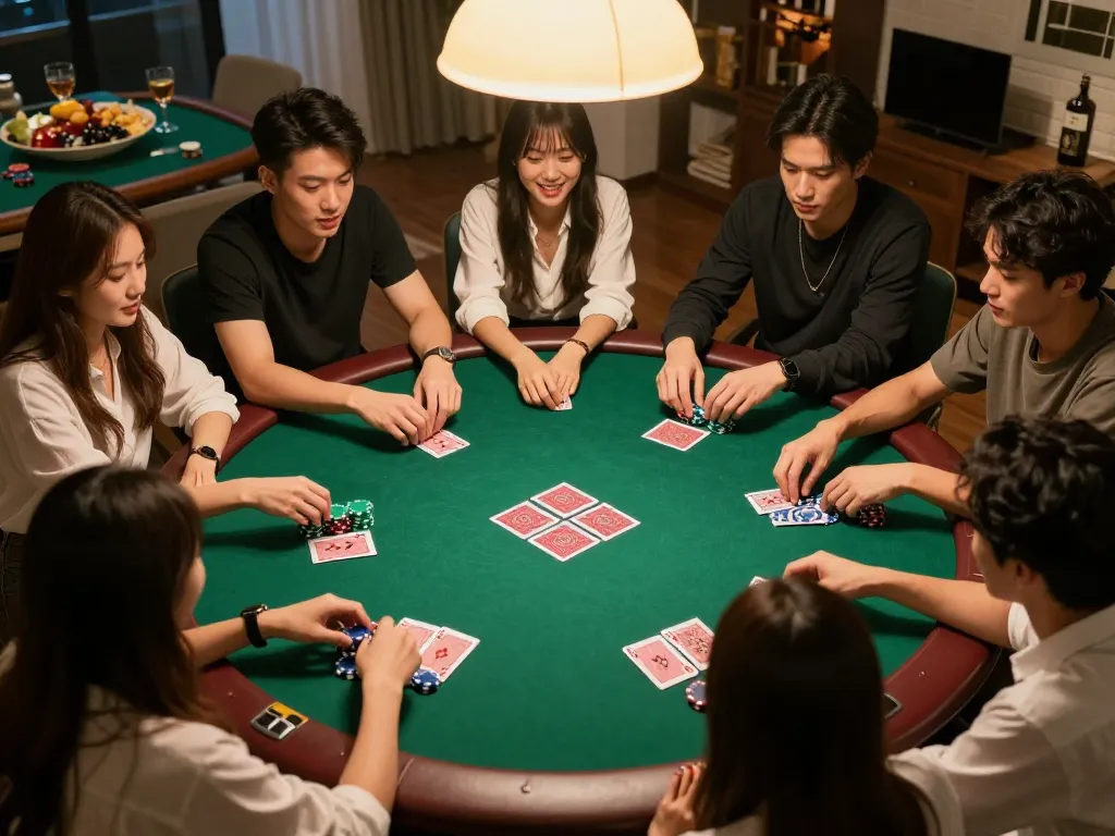 SC88 BET players enjoying a lively home poker game with friends around a green felt table, showcasing strategic gameplay and excitement