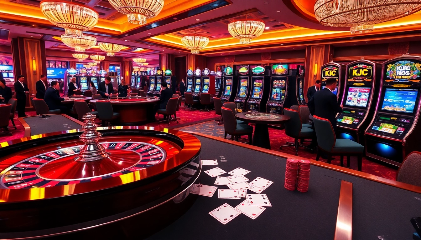 KJC showcases a glamorous casino scene featuring players engaging with roulette and poker tables.