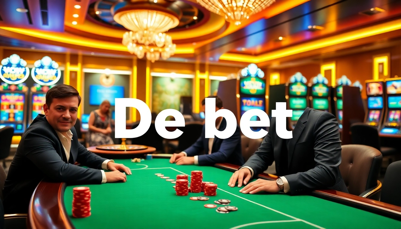Experience the thrilling action of De bet at an upscale casino with poker tables and bright slot machines.