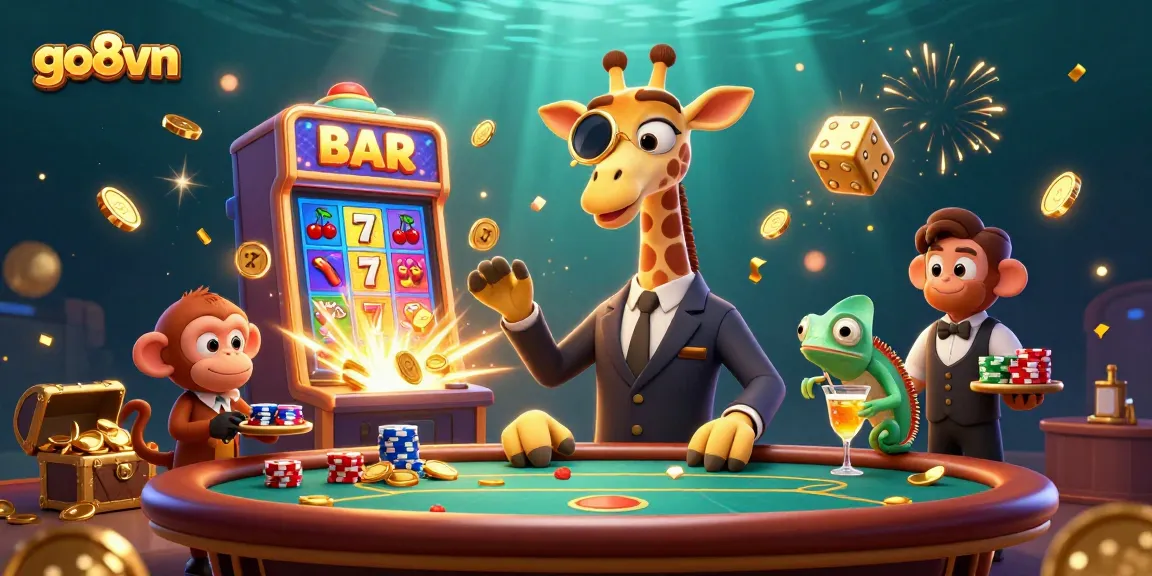 Join the excitement at go8vn with a vibrant 3D casino scene featuring lively characters and thrilling game elements.