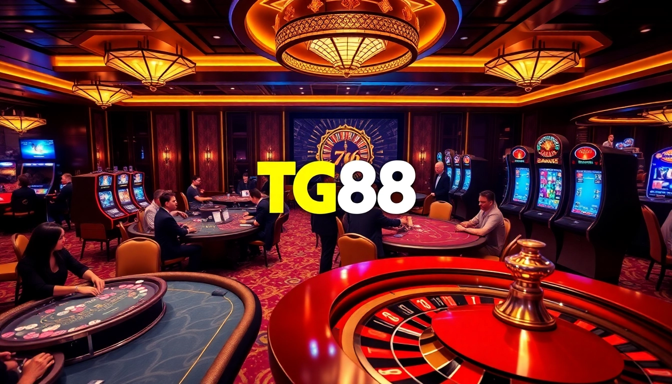 Experience the thrill of gambling with TG88's lively casino scene showcasing poker and roulette.