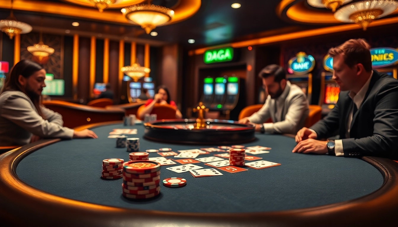 Daga casino scene with players at a poker table and an exciting roulette wheel.