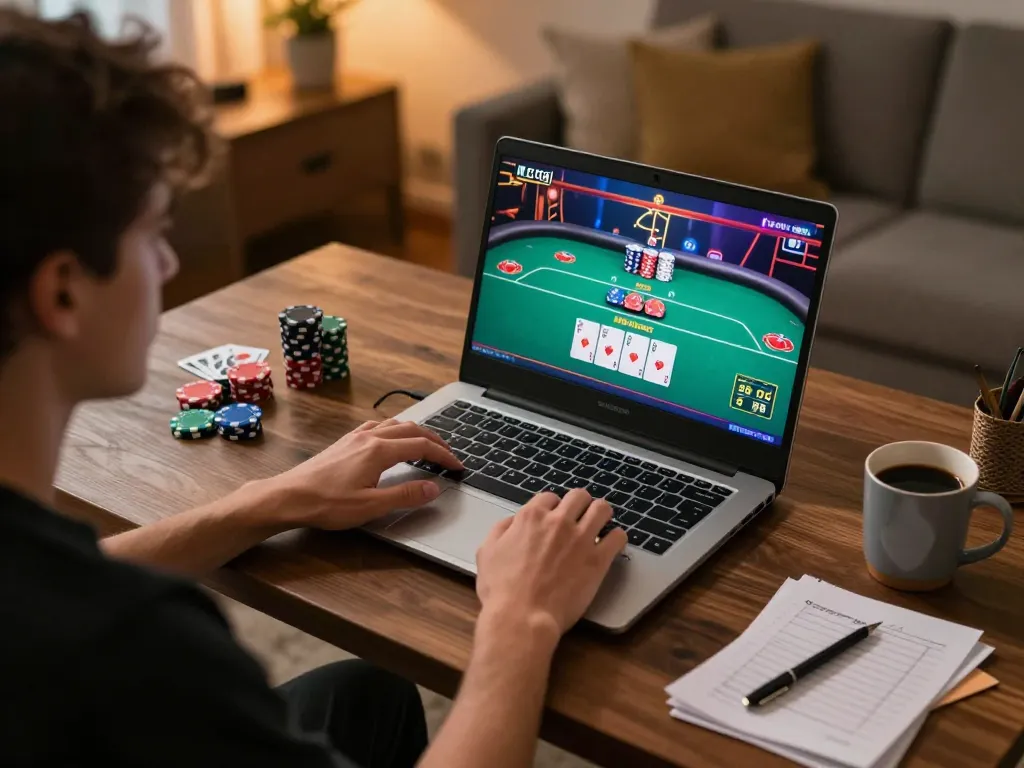 Player enjoying an online casino game on a laptop, showcasing strategic gaming with good88.