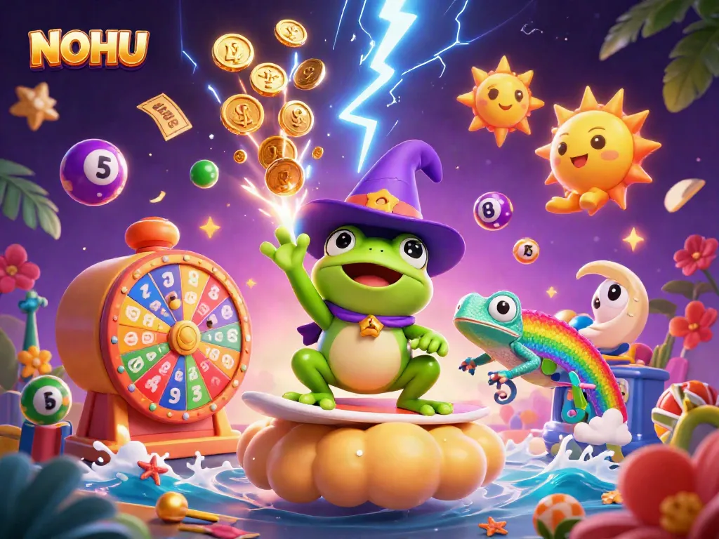 Experience exhilarating wins with NOHU's exciting lottery balls and magical characters in a vibrant casino scene.