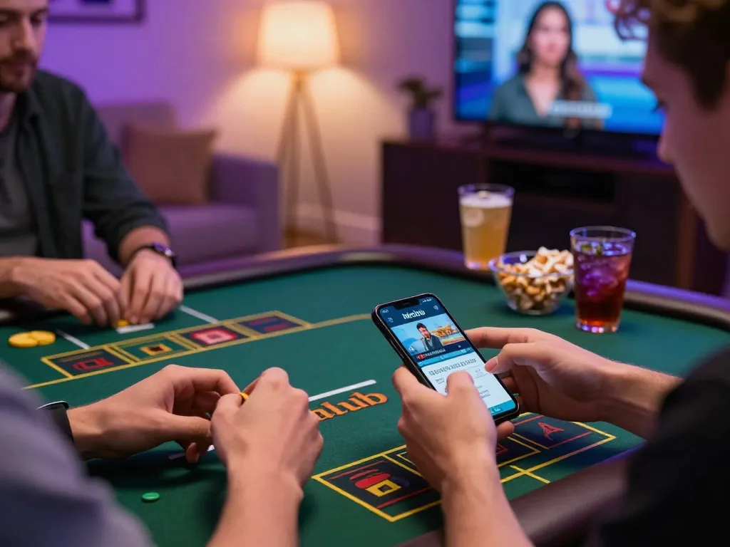 Engaged player using hitclub app on smartphone, enjoying responsible online gaming experience.