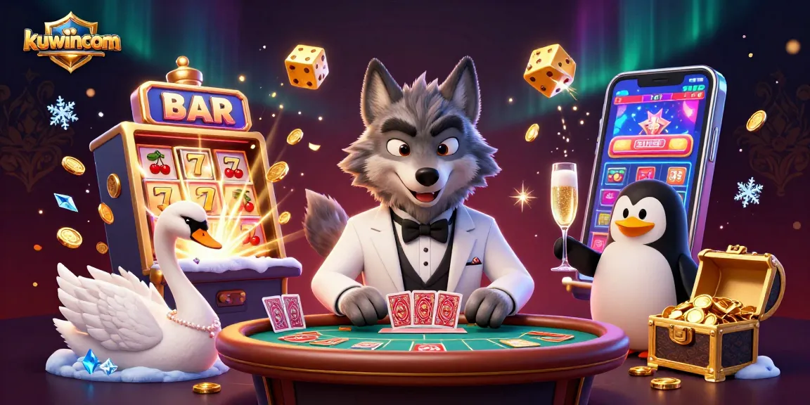 Engage in thrilling gaming with kuwincom as charming characters celebrate wins at a vibrant casino scene.