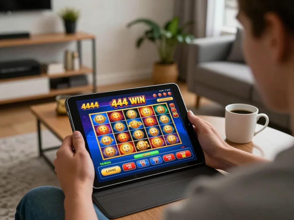 The player enjoys dynamic gameplay on the 4444 WIN casino app, seated in a stylish living room.