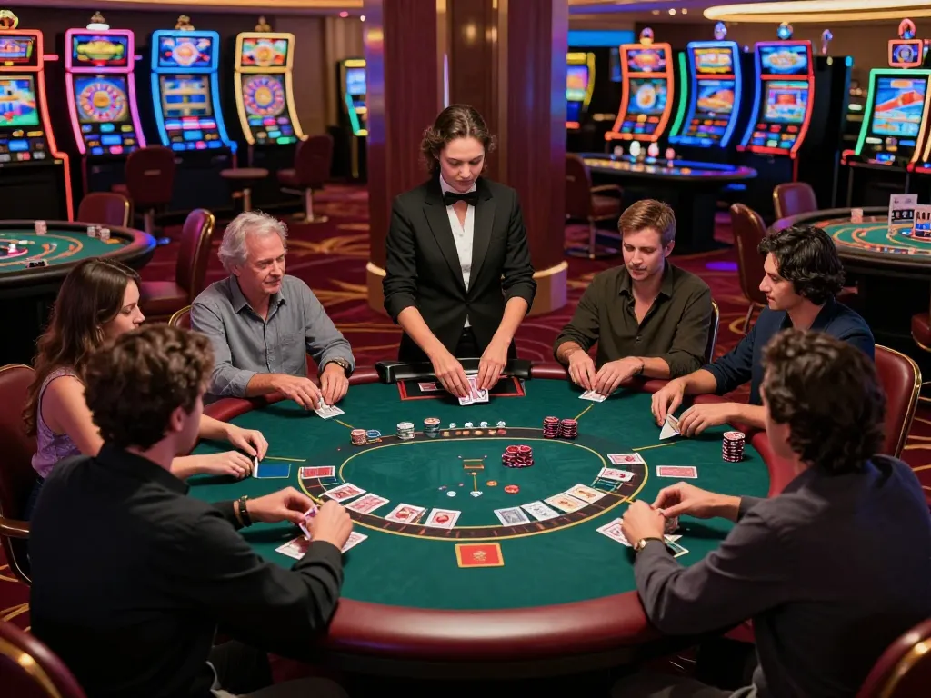 79KING players strategizing at a vibrant poker table in an elegant casino.