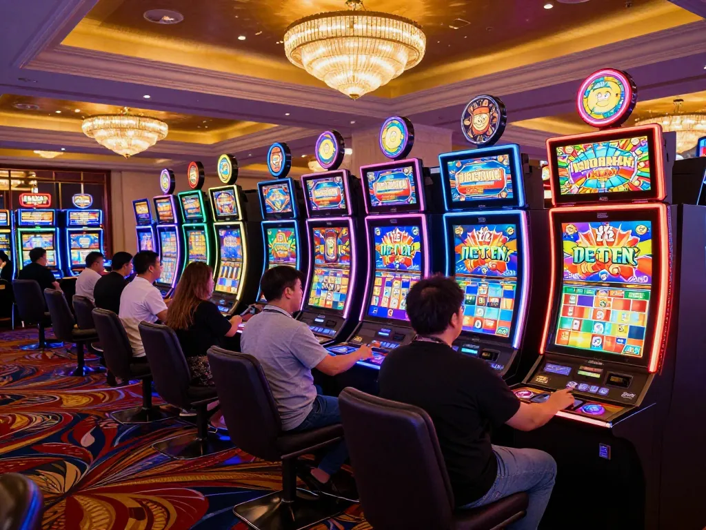 Players at the hit club enjoy thrilling spins at vibrant slot machines in an upscale casino setting