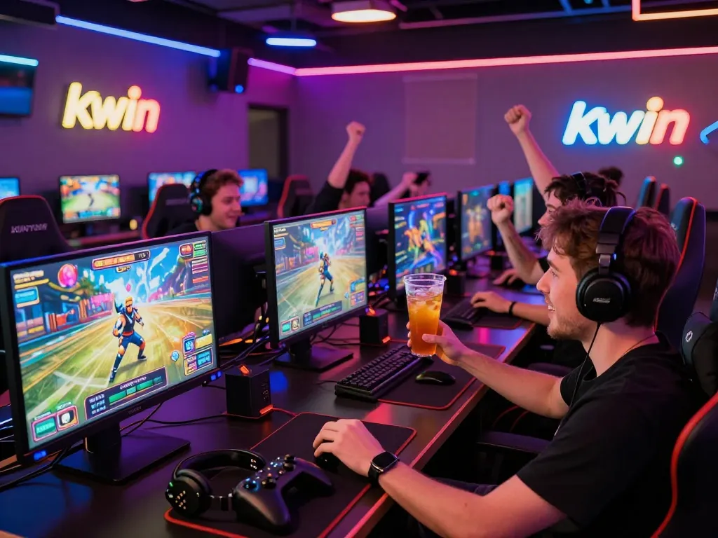 Exciting Kwin gaming scene showcasing friends celebrating wins in a vibrant lounge.